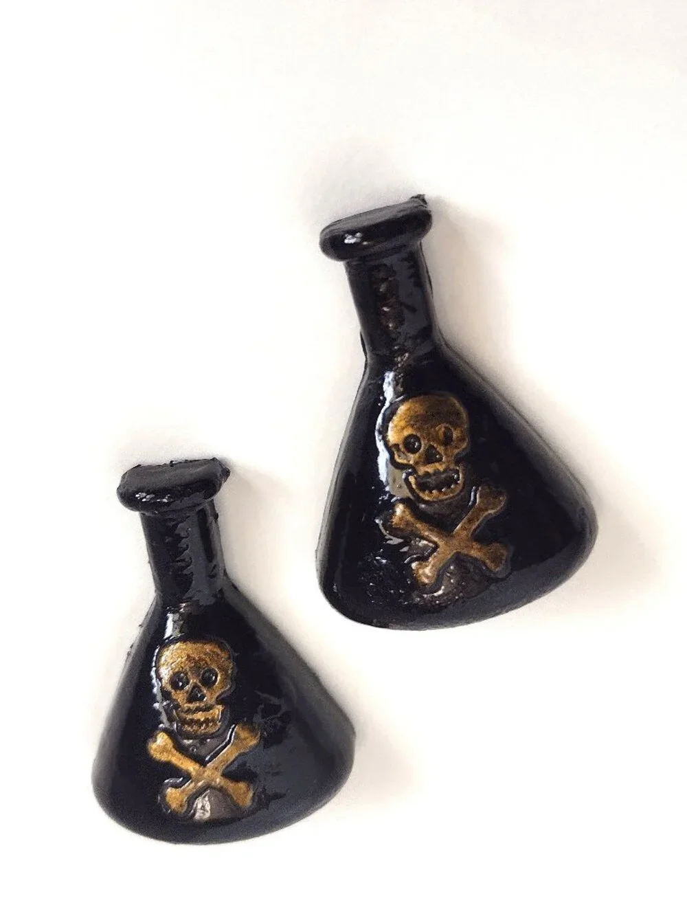 2 Black & Gold Gothic Halloween Apothecary Bottles, Jolly Roger Skull, Flat-back